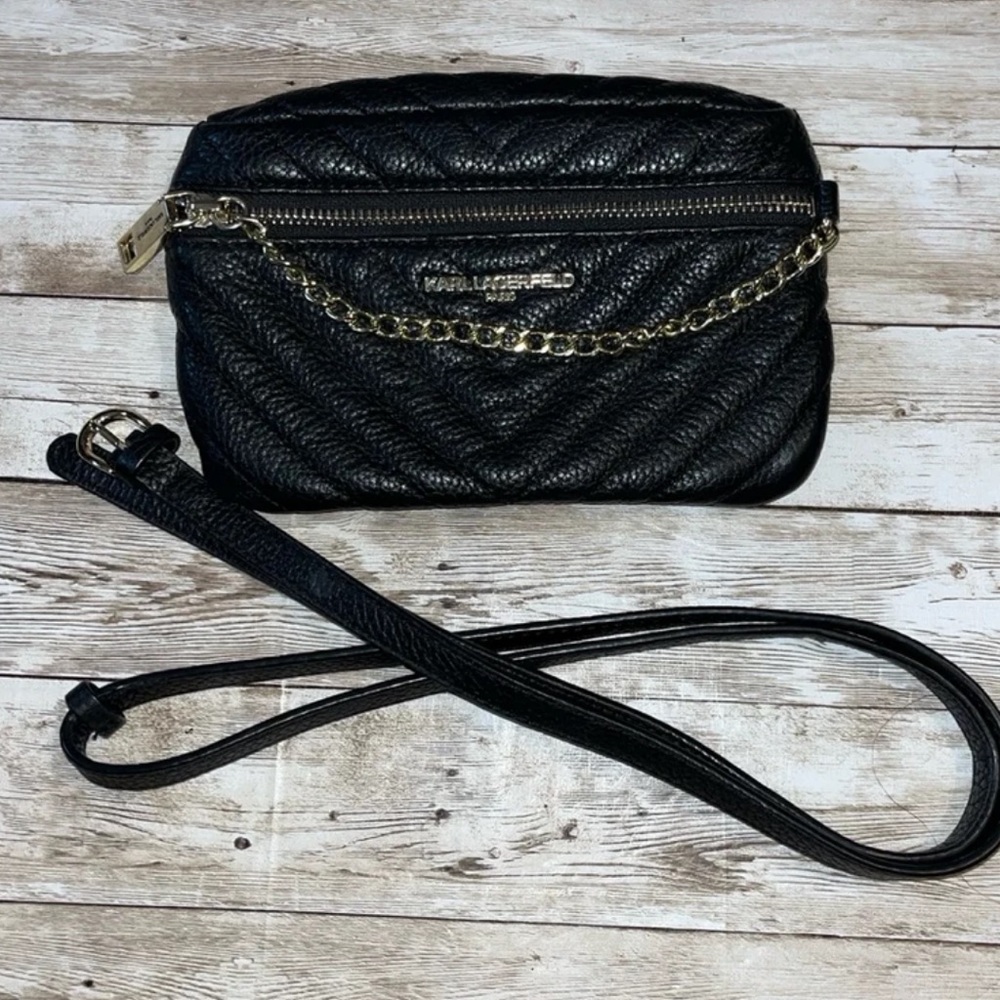 Karl Lagerfeld Black quilted Chevron belt waist Bag Fanny pack
